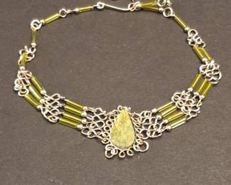 Handmade Artisan WireWrapped Bracelet with Green Gemstone and Bugle Beads