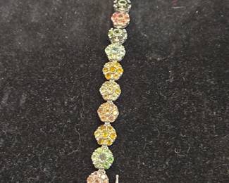 Sterling Silver MultiColored Gemstone Floral Cluster Tennis Bracelet