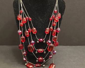 Vintage MultiStrand Faceted Red Bead Statement Necklace
