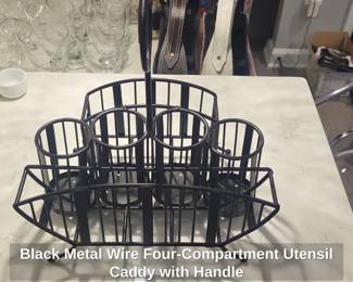Black Metal Wire FourCompartment Utensil Caddy with Handle