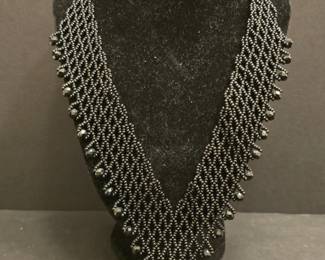 Vintage Black Seed Bead Netted Bib Necklace with Faceted Accents