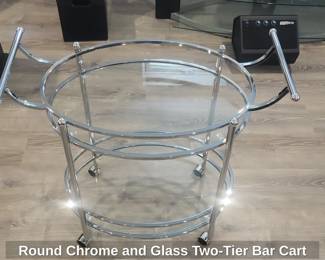 Round Chrome and Glass TwoTier Bar Cart