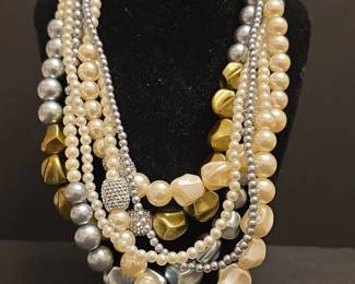 MultiStrand Faux Pearl and Metallic Bead Statement Necklace