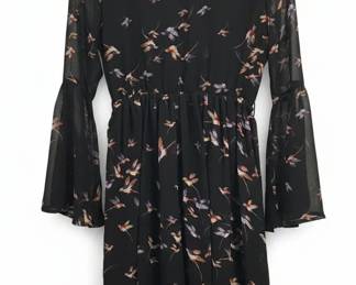 Black Chiffon Dragonfly Print Bell Sleeve Dress