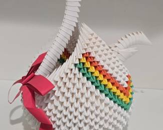 Handmade D Modular Origami Swan with Rainbow Accent and Red Ribbon