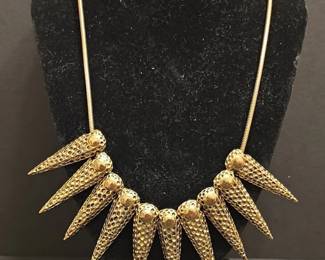 Gold Tone Textured Cone Spike Statement Necklace