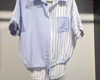 Patchwork Blue and White Striped TieFront Blouse