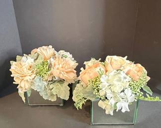 Pair of Artificial Floral Arrangements in Mirrored Cube Vases  Peach and White