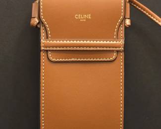 Celine Phone Pouch with Flap in Tan Calfskin with Contrast Stitching