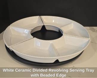 White Ceramic Divided Revolving Serving Tray with Beaded Edge