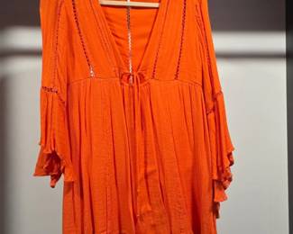 Free People Orange Flutter Sleeve LaceTrim Tunic