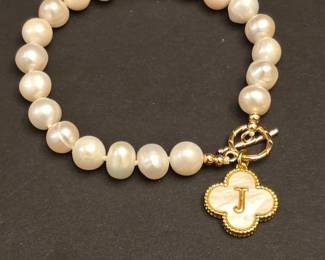 Freshwater Pearl and MotherofPearl Clover Initial J Bracelet