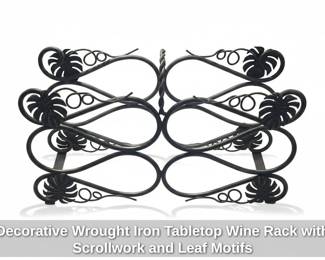 Decorative Wrought Iron Tabletop Wine Rack with Scrollwork and Leaf Motifs