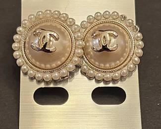 Chanel CC Logo Faux Pearl Border Stud Earrings