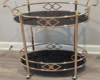 Rose Gold and Black Glass Bar Cart with Geometric Inlay