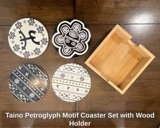 Taino Petroglyph Motif Coaster Set with Wood Holder