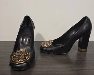 Tory Burch Maddie Black Leather Logo Block Heel Pumps