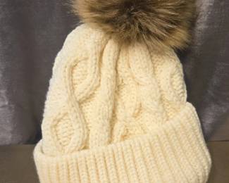 Cream Cable Knit Beanie with Faux Fur Pom Pom  HM