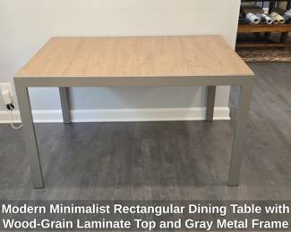 Modern Minimalist Rectangular Dining Table with WoodGrain Laminate Top and Gray Metal Frame