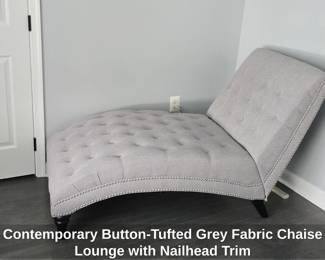 Contemporary ButtonTufted Grey Fabric Chaise Lounge with Nailhead Trim