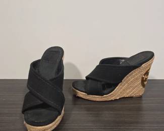 Tory Burch Black Canvas Espadrille Wedge Sandals with Gold Double T Logo