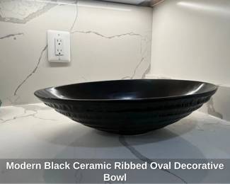 Modern Black Ceramic Ribbed Oval Decorative Bowl