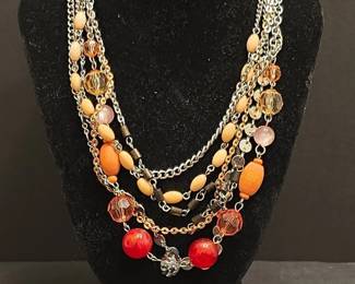 MultiStrand Beaded Statement Necklace with Orange, Red, and Amber Tones