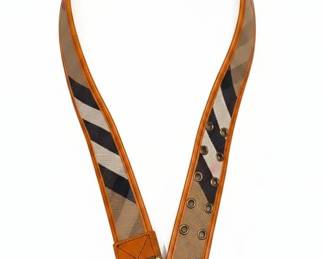 Burberry Check Webbing Belt with Orange Leather Trim