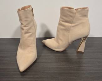 JIO Beige Suede Sculptural Gold Heel Ankle Boots
