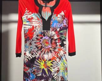 BCBGMAXAZRIA Abstract Floral Print LongSleeve Dress with Black Trim