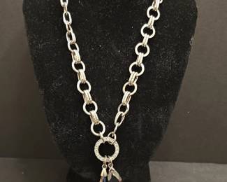 SilverTone Chunky Link Necklace with Black Crystal Teardrop Pendants