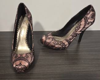 Lulu Townsend Black and Pink Lace Stiletto Heels