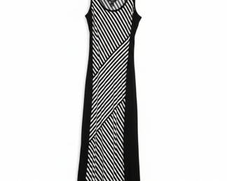 Black and White Striped Halter Maxi Dress with Asymmetrical Panels