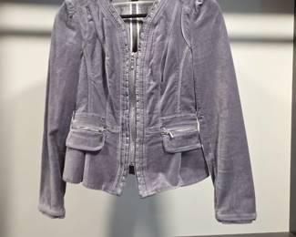 White House Black Market Grey Velvet RuffleFront Zip Jacket Size
