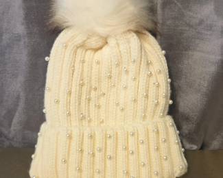 Womens Pearl Embellished Knit PomPom Beanie