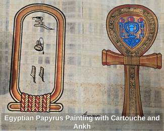 Egyptian Papyrus Painting with Cartouche and Ankh