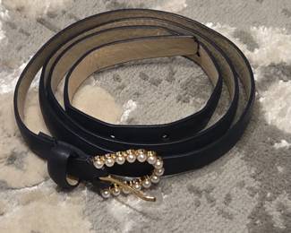Womens Black Faux Leather Belt with Pearl Embellished Heart Buckle