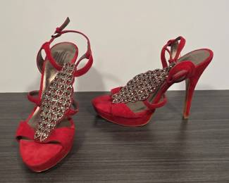 Pelle Moda Red Suede Rhinestone Embellished Platform Stiletto Sandals
