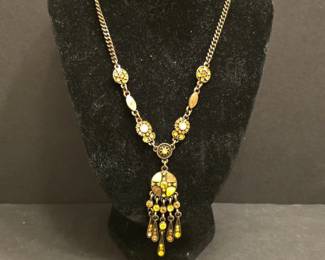 Vintage GoldTone Yellow Rhinestone Tassel Pendant Necklace