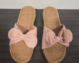 Womens Woven Straw Bow Slide Slippers