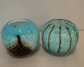 Pair of HQT Hand Blown Blue and Brown Art Glass Sphere Vases