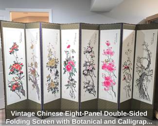 Vintage Chinese EightPanel DoubleSided Folding Screen with Botanical and Calligraphy Motifs