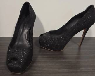 Elie Tahari Black Glitter PeepToe Platform Pumps