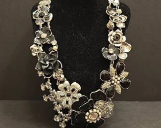 White House Black Market Floral Statement Necklace with Black Enamel and Rhinestones