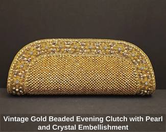 Vintage Gold Beaded Evening Clutch with Pearl and Crystal Embellishment