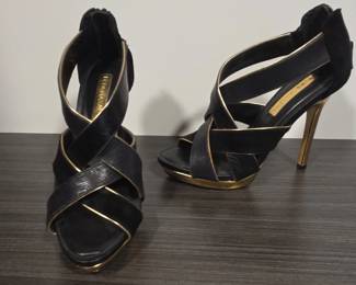 BCBGMAXAZRIA Black and Gold Strappy Stiletto Heels