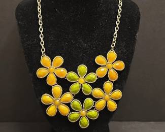 Yellow and Green Resin Floral Bib Necklace