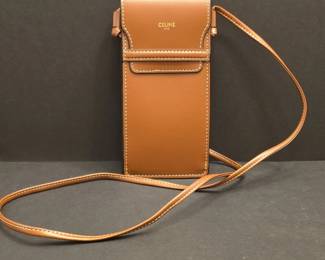 Celine Phone Pouch with Flap in Tan Calfskin with Contrast Stitching second image