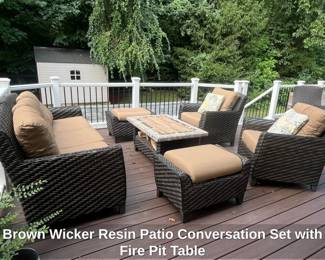 Brown Wicker Resin Patio Conversation Set with Fire Pit Table