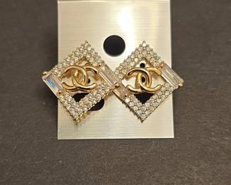 Chanel CC Logo Square Crystal Earrings